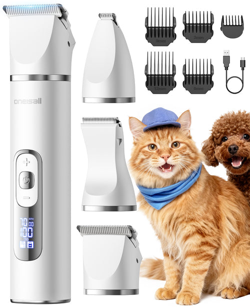 Tosatrice Oneisall FC08 per animali con tre testine intercambiabili, cinque pettini guida e un cavo USB-C