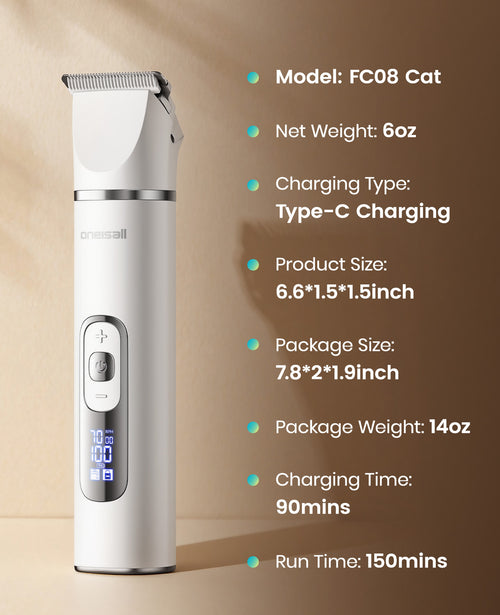 Tabella delle specifiche della tosatrice Oneisall FC08 per gatti con ricarica USB-C, dimensioni e autonomia