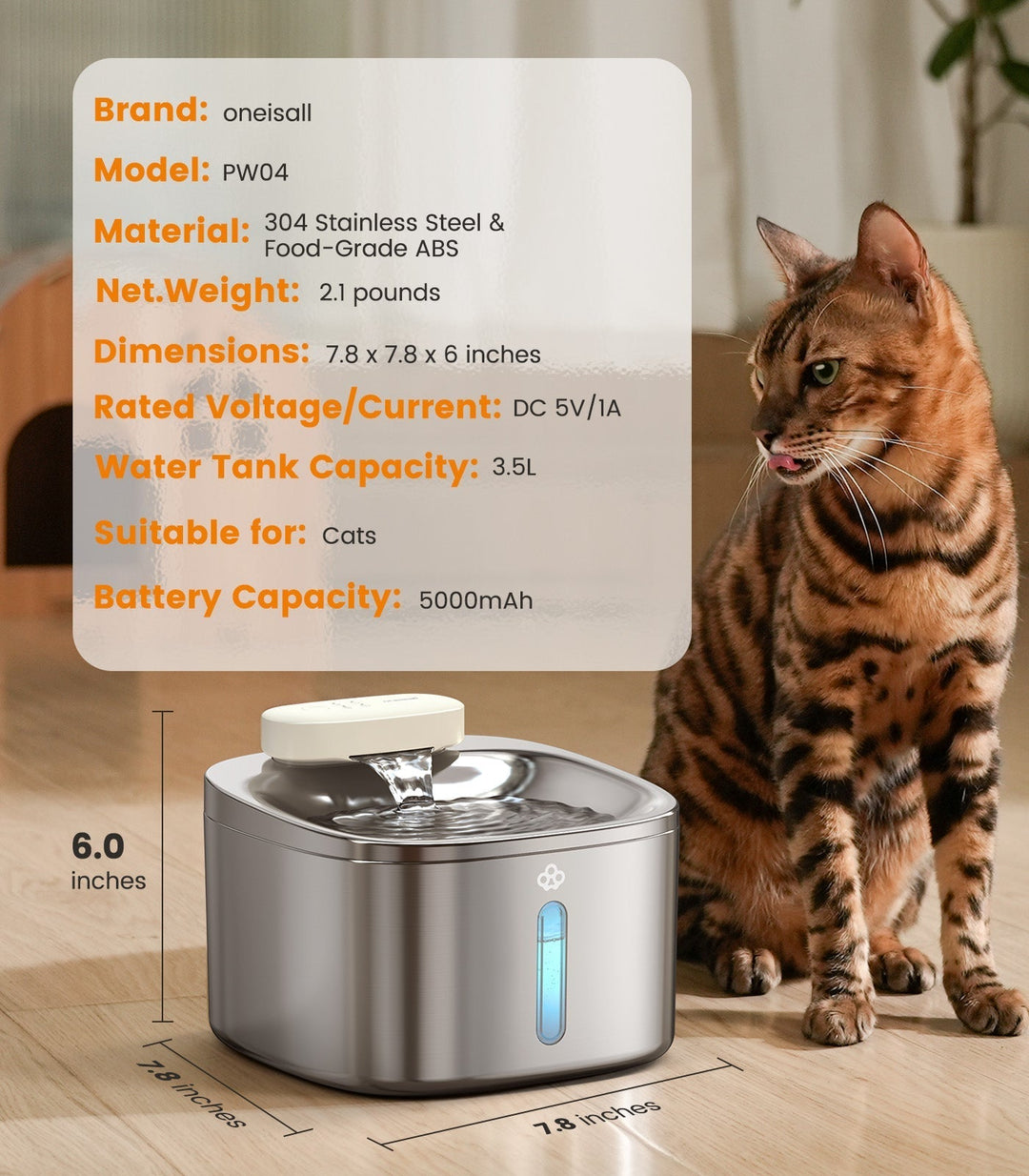 Oneisall 3.5L Cordless Smart Pet Water Fountain Stainless Steel with 3PCS Filters - Oneisall - EU